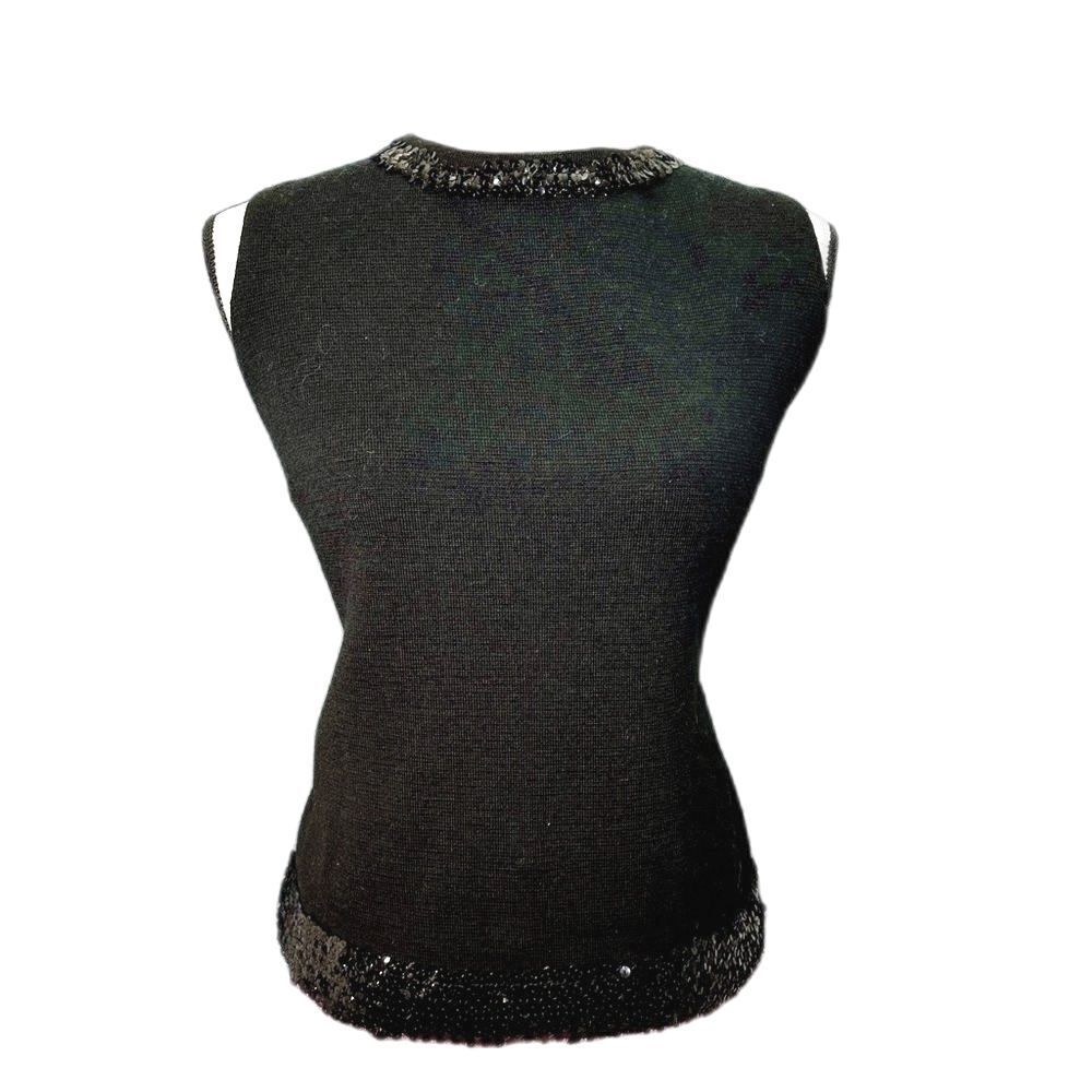 Vintage 1960s Huddlespun Black Sequin 100% Virgin Wool Knit Top Shell ILGWU M/L